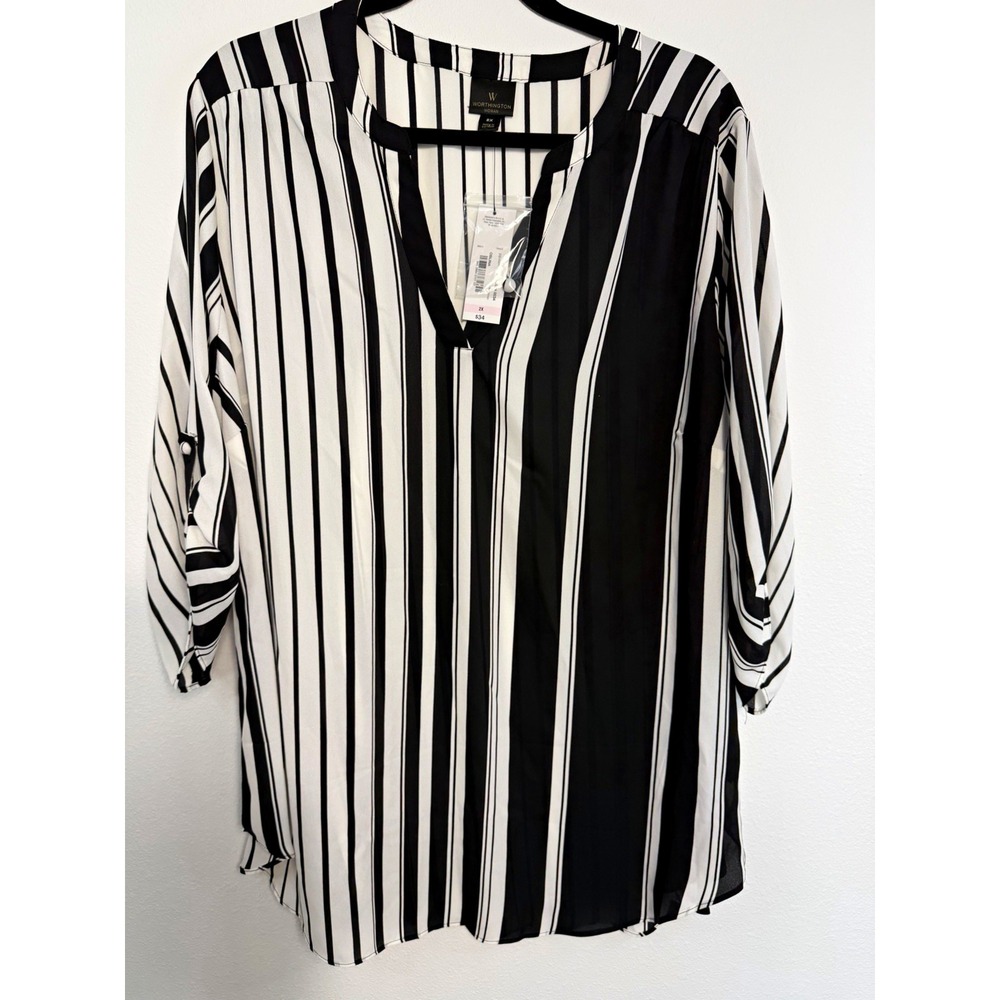 Worthington Plus Size 2X Black/White Striped V-Neck Woven Blouse 3/4 Sleeve